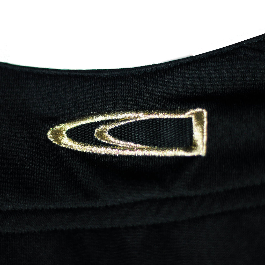 The new gold jersey by Crowdead. Rear CD Bullet embroidered logo closeup.