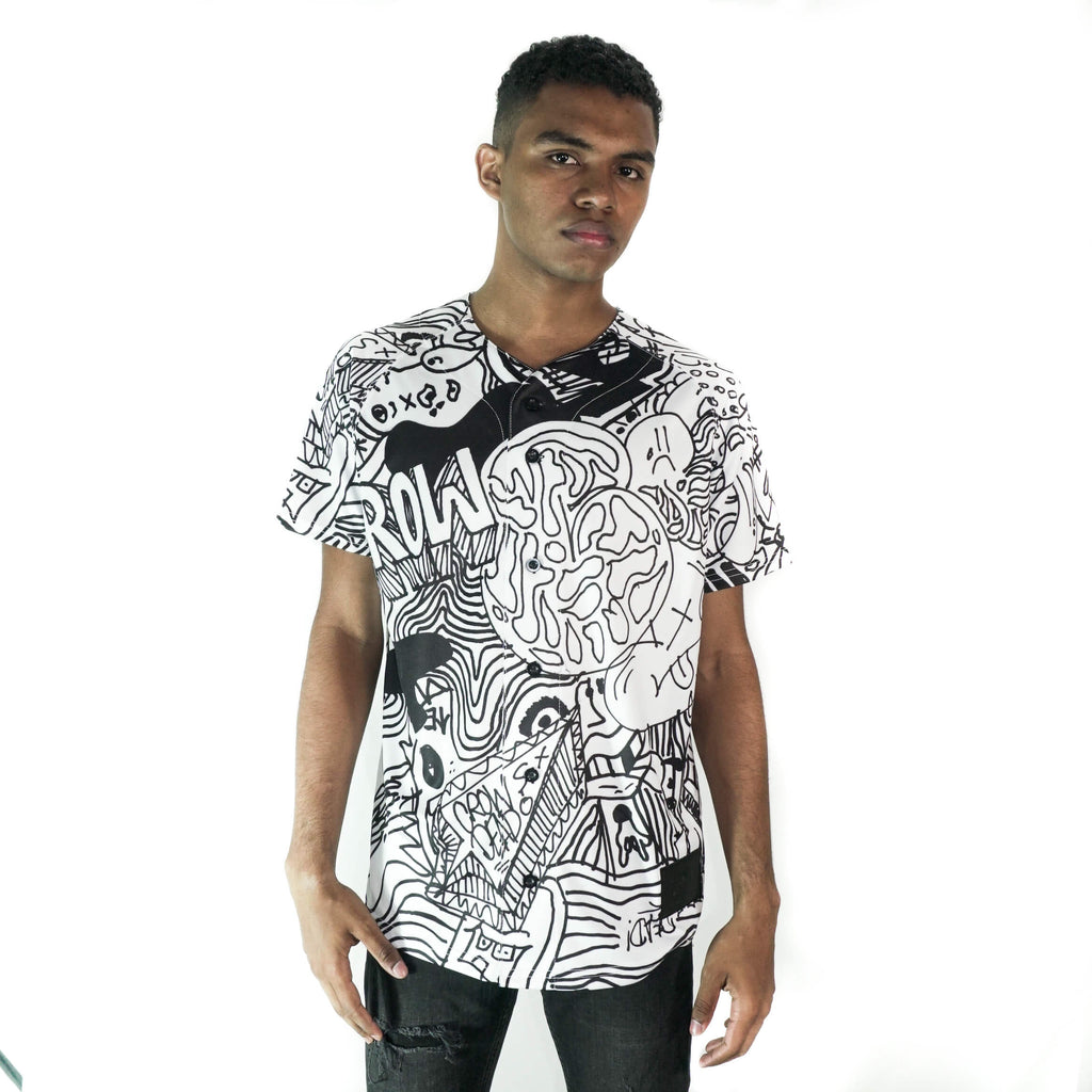 Model wearing Comic City jersey by Crowdead streetwear fashion.
