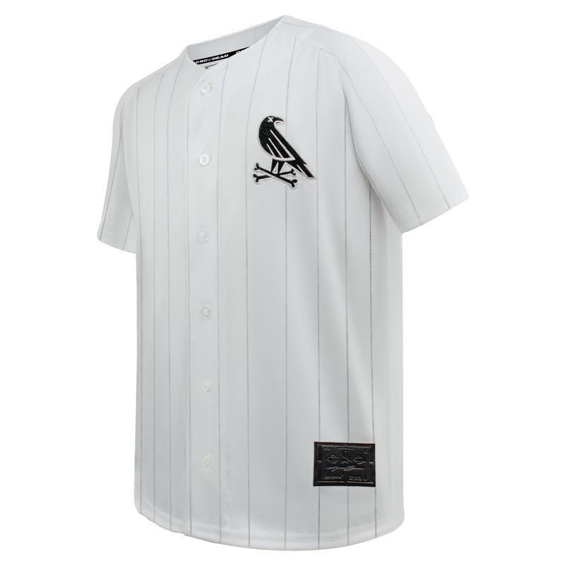 White & gray pinstripe jersey by Crowdead. Side shot.